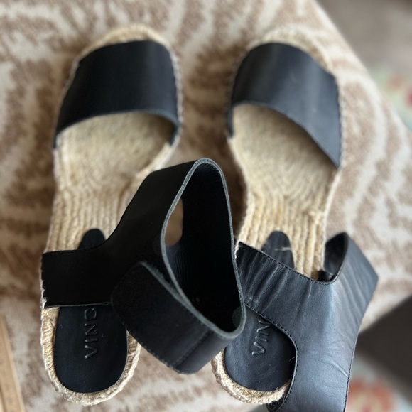 Black leather sandals espadrilles ankle strap velcro closure - Picture 5 of 14